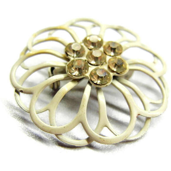 Round Circle Rhinestone Center Enamel Covered Brooch Pin Grey Costume Vintage - Picture 2 of 6